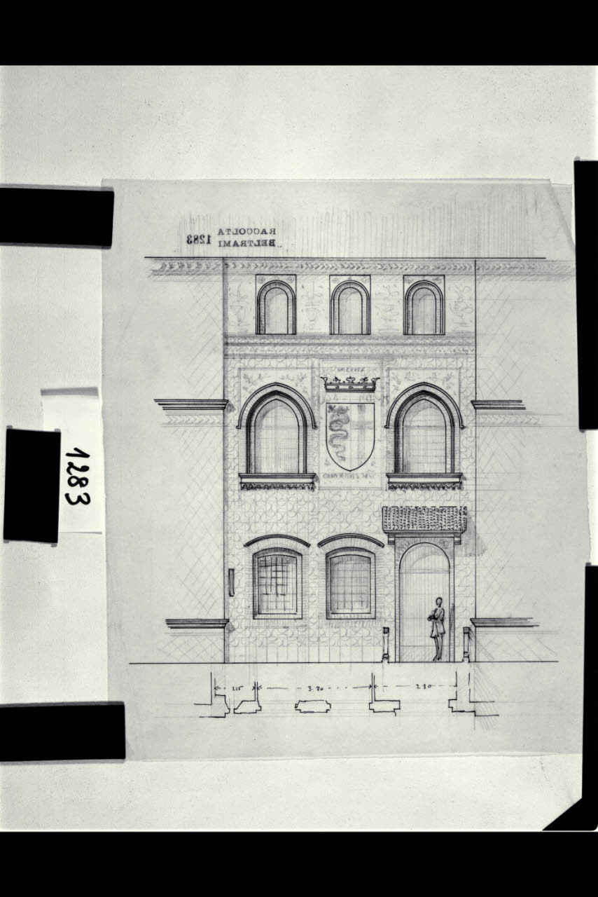 Facciata della Scuola d’Arte applicata all’Industria sulla Piazza d’Armi nel Castello Sforzesco di Milano, Facciata della Scuola d’Arte applicata all’Industria sulla Piazza d’Armi nel Castello Sforzesco di Milano (disegno) di Beltrami, Luca (sec. XX)