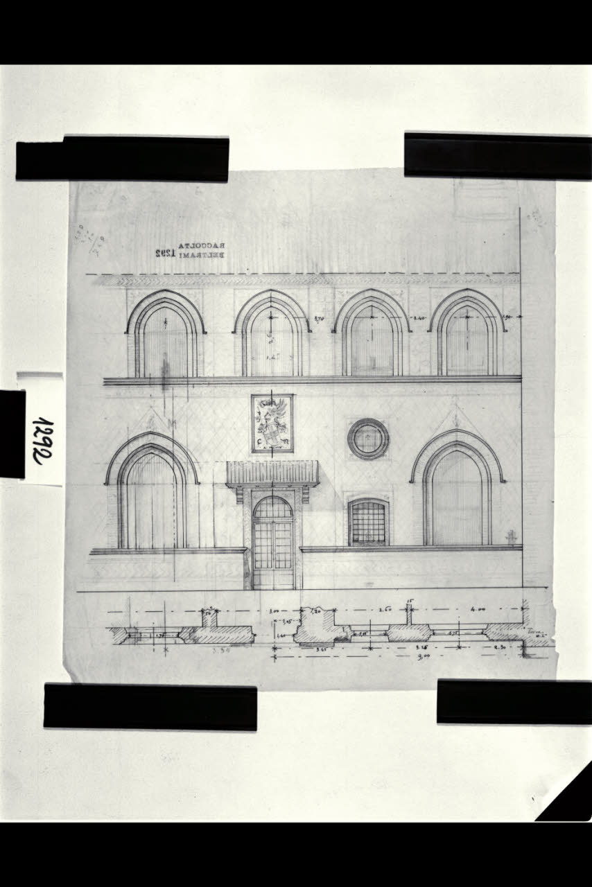 Facciata dell’ edificio nel lato sud della Piazza d’Armi (Biblioteca d’Arte nel 2000) del Castello Sforzesco di Milano, Facciata dell’ edificio nel lato sud della Piazza d’Armi (Biblioteca d’Arte nel 2000) del Castello Sforzesco di Milano (disegno) di Beltrami, Luca (sec. XX)