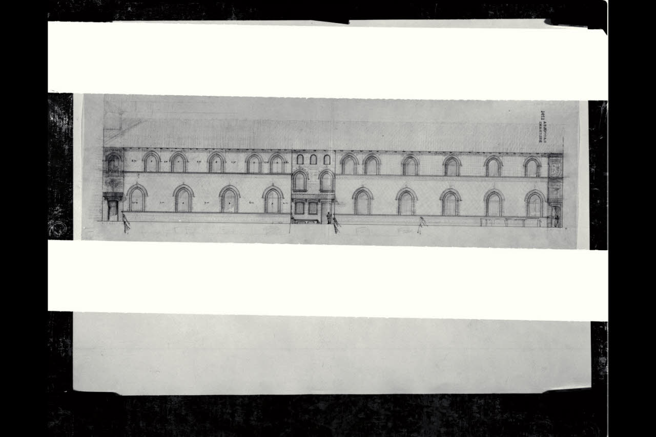 Facciata dell’edificio per la Scuola d’Arte applicata all’Industria nella Piazza d’Armi del Castello Sforzesco di Milano, Facciata dell’edificio per la Scuola d’Arte applicata all’Industria nella Piazza d’Armi del Castello Sforzesco di Milano (disegno) di Beltrami, Luca (sec. XX)