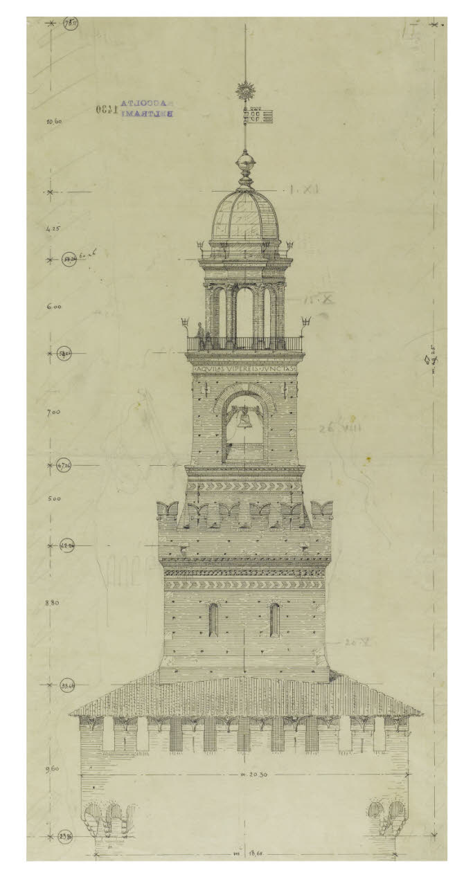 Milano, Castello Sforzesco: Prospetto della parte superiore della torre Umberto I (disegno) di Beltrami, Luca ((?)) (1904/04/03 - 1904/04/03)