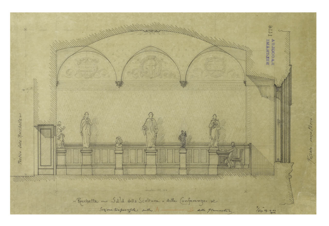 Milano, Castello Sforzesco: Sezione della Sala delle Sculture (o del Consiglio segreto) nella Rocchetta (disegno) di Beltrami, Luca (1902/12/13 - 1902/12/13)