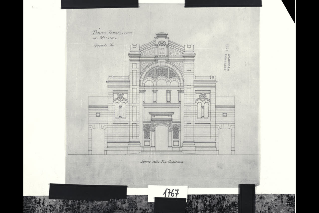 Tempio Israelitico di via della Guastalla. Prospetto sulla via Guastalla. Progetto definitivo, Milano, Tempio Israelitico, via Guastalla. Prospetto sulla via Guastalla. Progetto definitivo (disegno) di Beltrami, Luca ((?)) (fine sec. XIX)