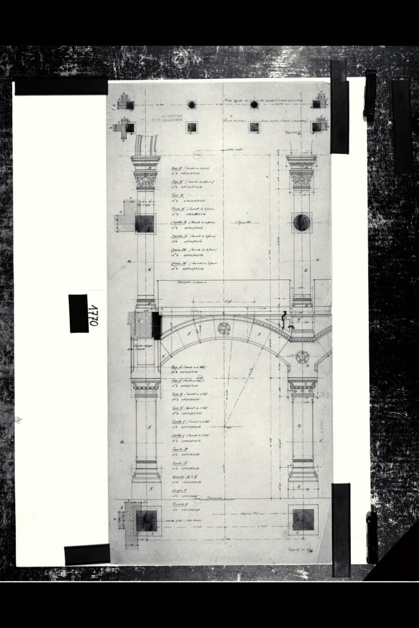 Tempio Israelitico di via della Guastalla. Arconi del salone interno. Alzato e sezioni, Milano, Tempio Israelitico, via Guastalla. Arconi del salone interno. Alzato e sezioni (disegno) di Beltrami, Luca ((?)) (fine sec. XIX)