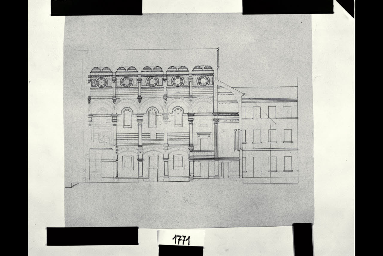 Tempio Israelitico di via della Guastalla. Sezione longitudinale. Progetto definitivo, Milano, Tempio Israelitico, via Guastalla. Sezione longitudinale. Progetto definitivo (disegno) di Beltrami, Luca (fine sec. XIX)