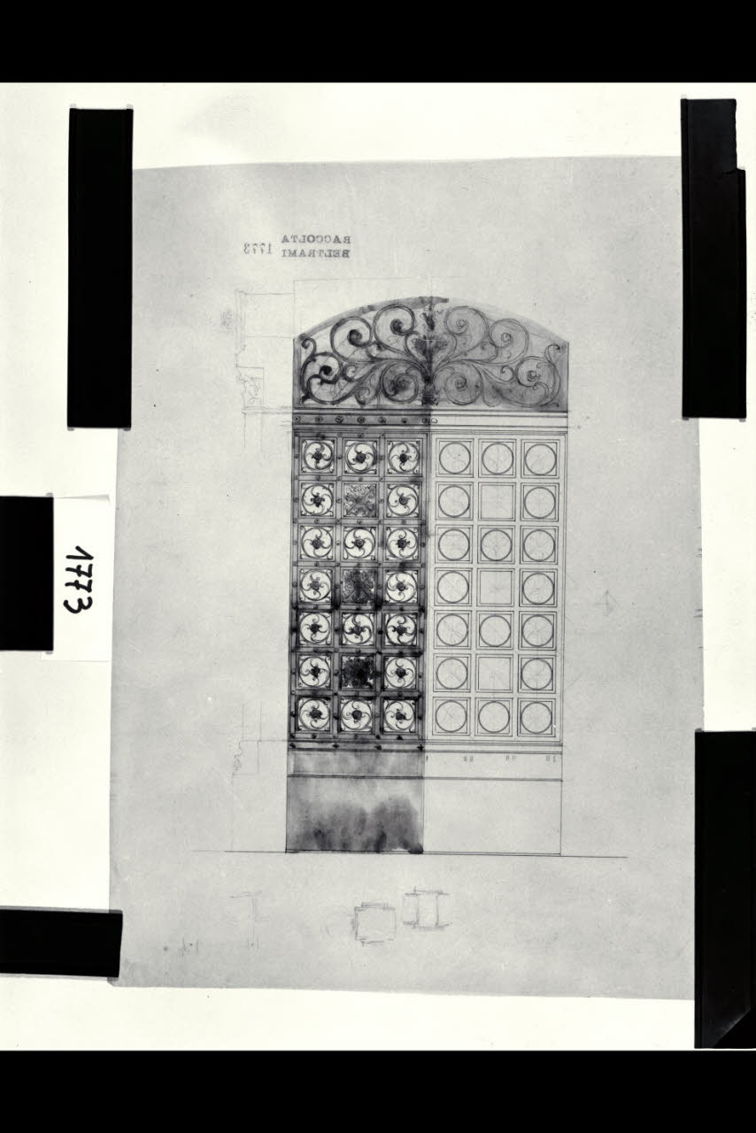 Tempio Israelitico di via della Guastalla. Prospetto sulla via Guastalla. Porta di ingresso principale. Studio dell'inferriata., Milano, Tempio Israelitico, via Guastalla. Prospetto sulla via Guastalla. Porta di ingresso principale. Studio dell'inferriata. (disegno) di Beltrami, Luca ((?)) (fine sec. XIX)