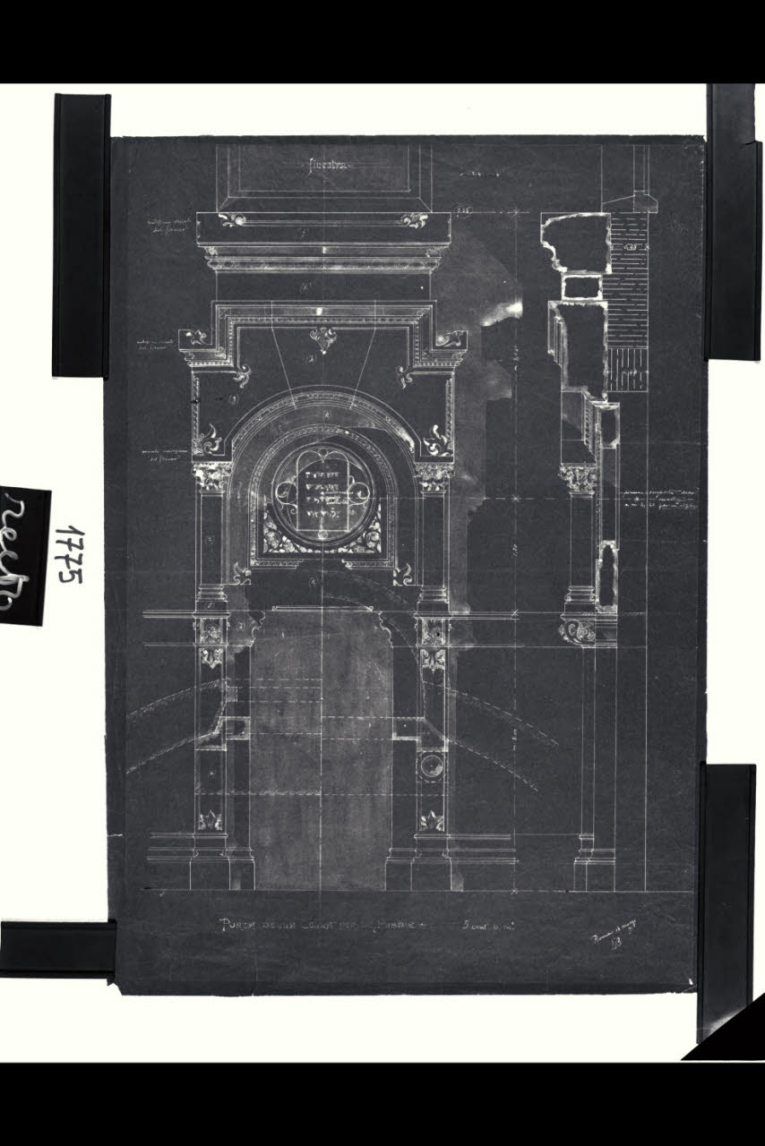 Tempio Israelitico di via della Guastalla. Porta della cella delle Bibbie. Alzato e sezioni, Milano, Tempio Israelitico, via Guastalla. Porta della cella delle Bibbie. Alzato e sezioni (disegno) di Beltrami, Luca ((?)) (fine sec. XIX)