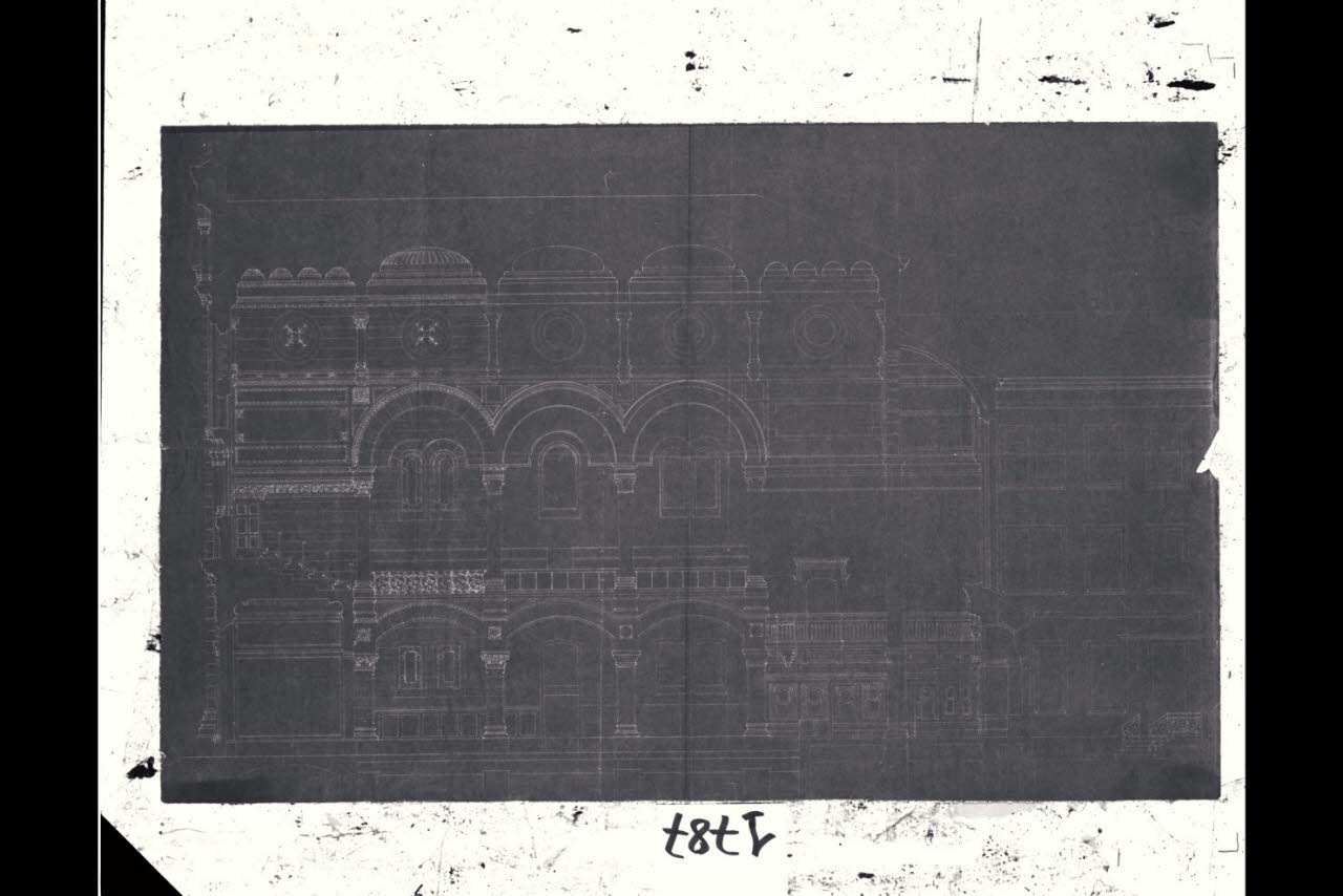 Tempio Israelitico di via della Guastalla. Sezione longitudinale. Progetto definitivo, Milano, Tempio Israelitico, via Guastalla. Sezione longitudinale. Progetto definitivo (disegno) di Beltrami, Luca ((?)) (fine sec. XIX)
