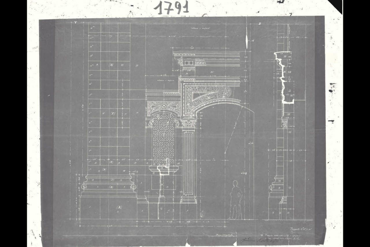 Tempio Israelitico di via della Guastalla. Prospetto sulla via Guastalla. Porta di ingresso principale. Dettagli in alzato e sezione, Milano, Tempio Israelitico, via Guastalla. Prospetto sulla via Guastalla. Porta di ingresso principale. Dettagli in alzato e sezione (disegno) di Beltrami, Luca ((?)) (fine sec. XIX)