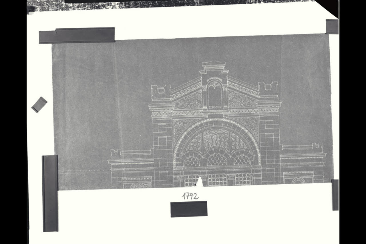 Tempio Israelitico in via della Guastalla. Prospetto sulla via Guastalla. Progetto definitivo. Dettaglio del timpano, Milano, Tempio Israelitico, via Guastalla. Prospetto sulla via Guastalla. Progetto definitivo. Dettaglio del timpano (disegno) di Beltrami, Luca ((?)) (fine sec. XIX)