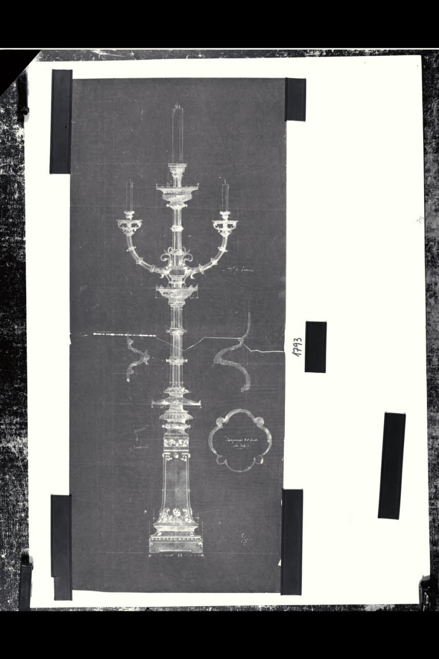 Tempio Israelitico di via della Guastalla. Candelabro. Alzato e sezione, Milano, Tempio Israelitico, via Guastalla. Candelabro. Alzato e sezione (disegno) di Beltrami, Luca ((?)) (fine sec. XIX)