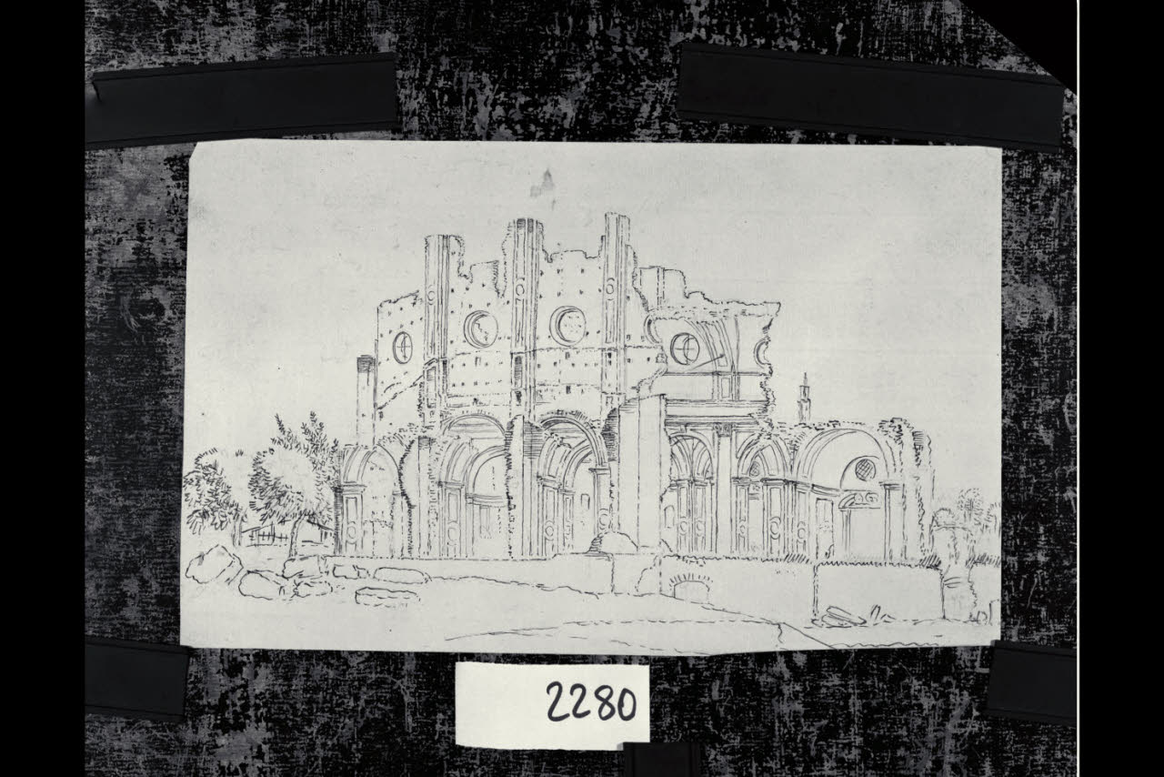 Rovina di un edificio a navata unica con cappelle laterali diroccate, Rovina di un edificio a navata unica con cappelle laterali diroccate (disegno) di Beltrami, Luca ((?)) (fine/inizio secc. XIX/ XX)