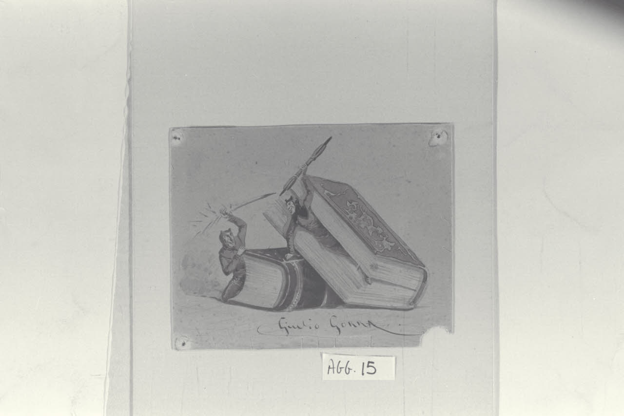 Due demoni che duellano tra due libri (ex libris?) (disegno) di Gorra, Giulio (sec. XIX)