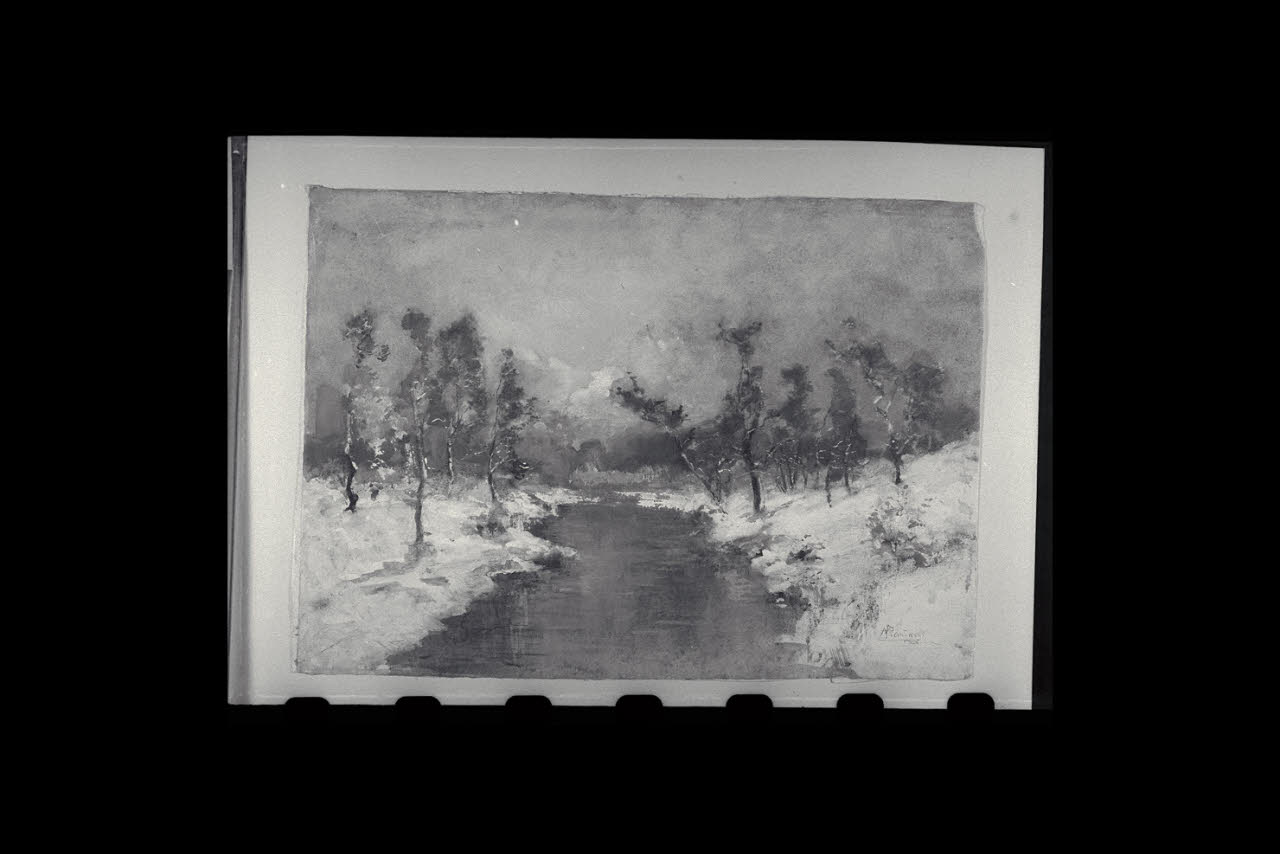 Corso d'acqua tra due rive innevate (disegno) di Mariani, Pompeo (fine/inizio secc. XIX/ XX)