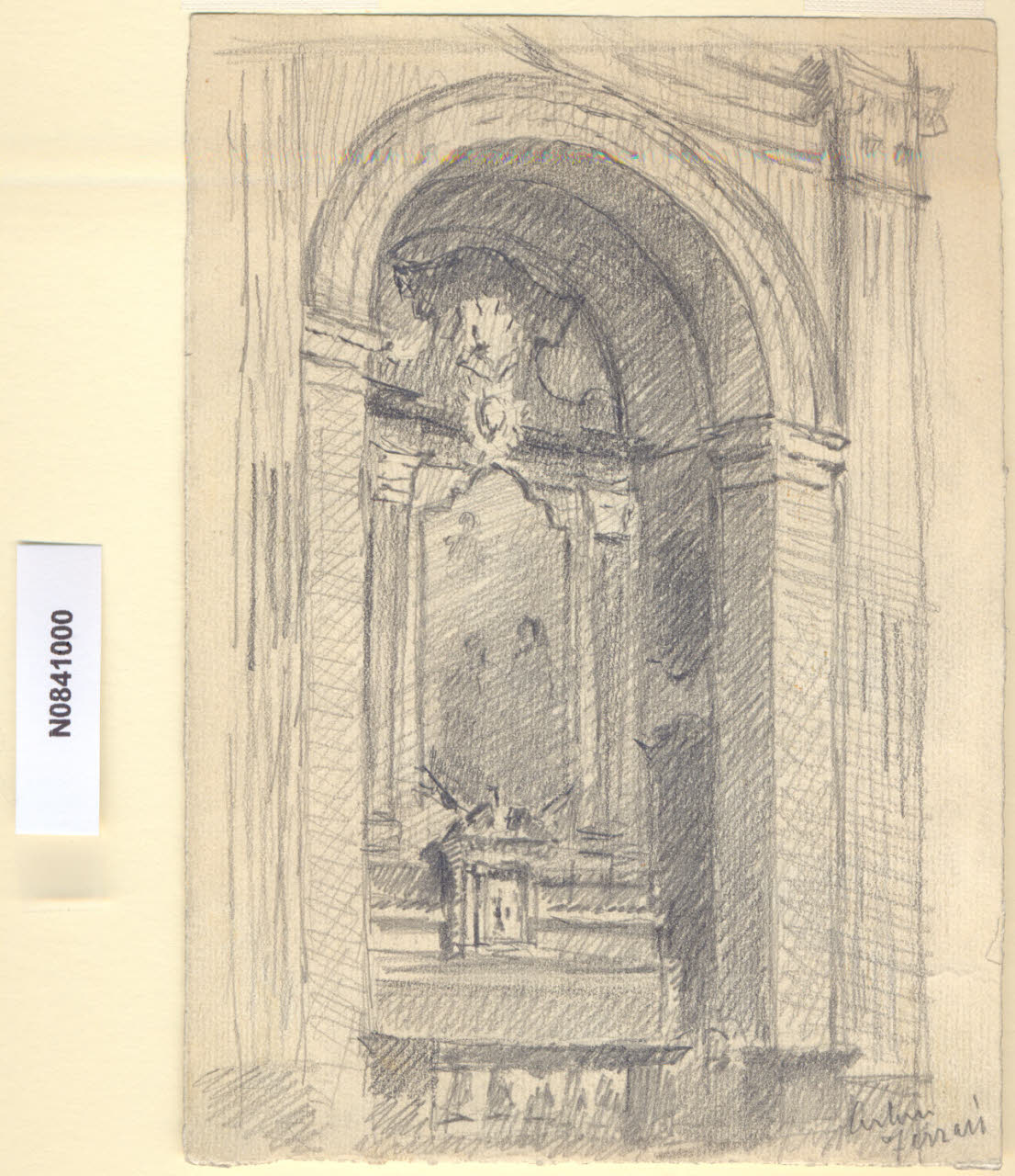 Nei Crociferi, Interno della chiesa di S. Maria dei Crociferi a Milano (disegno) di Ferrari, Arturo (sec. XX)