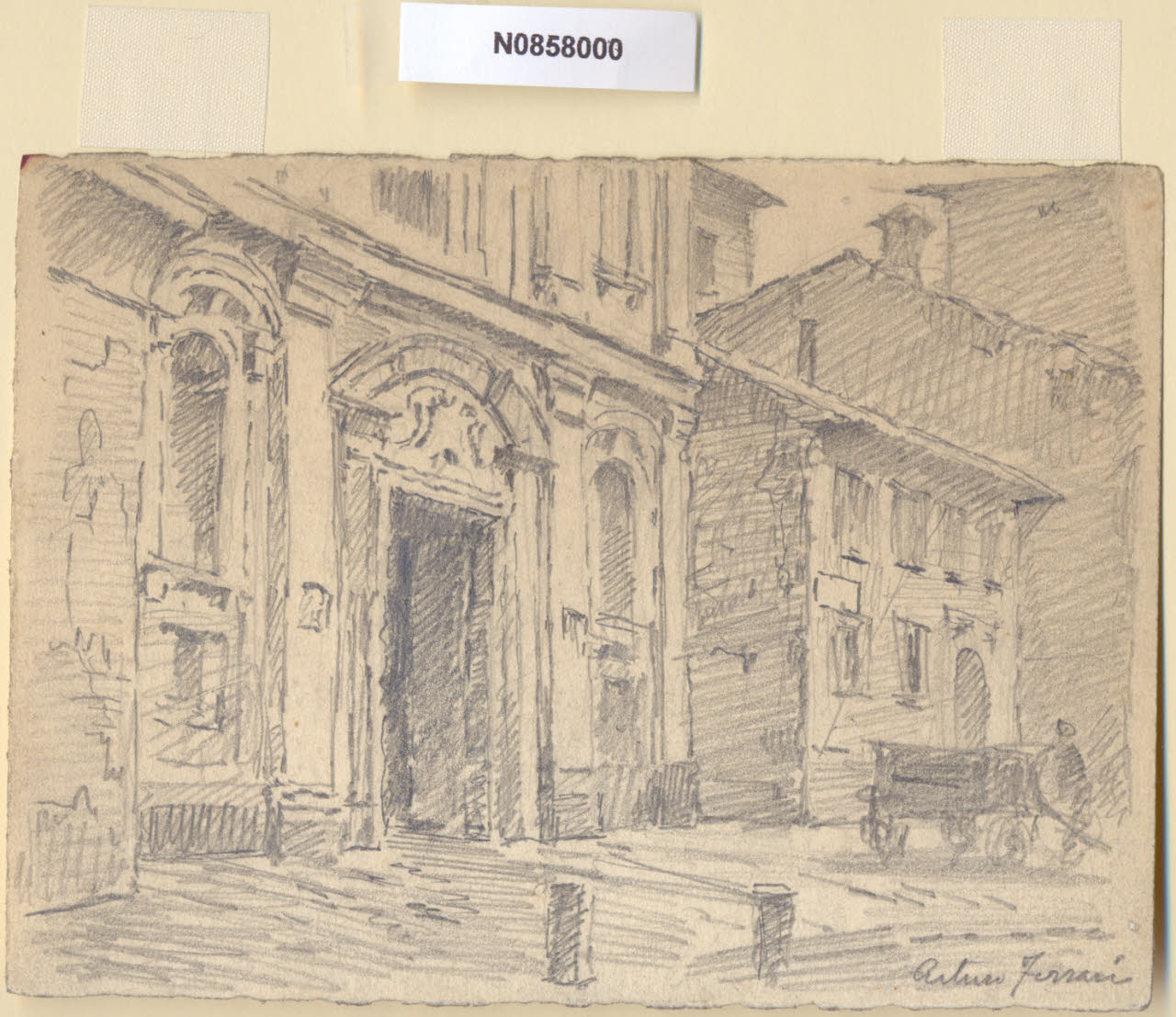 Via Cerva, Veduta di via Cerva a Milano (disegno) di Ferrari, Arturo (sec. XX)