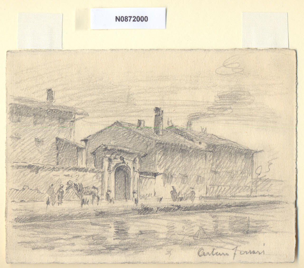La Samaritana, Veduta de "La Samaritana" sul Naviglio Grande (?) a Milano (disegno) di Ferrari, Arturo (sec. XX)