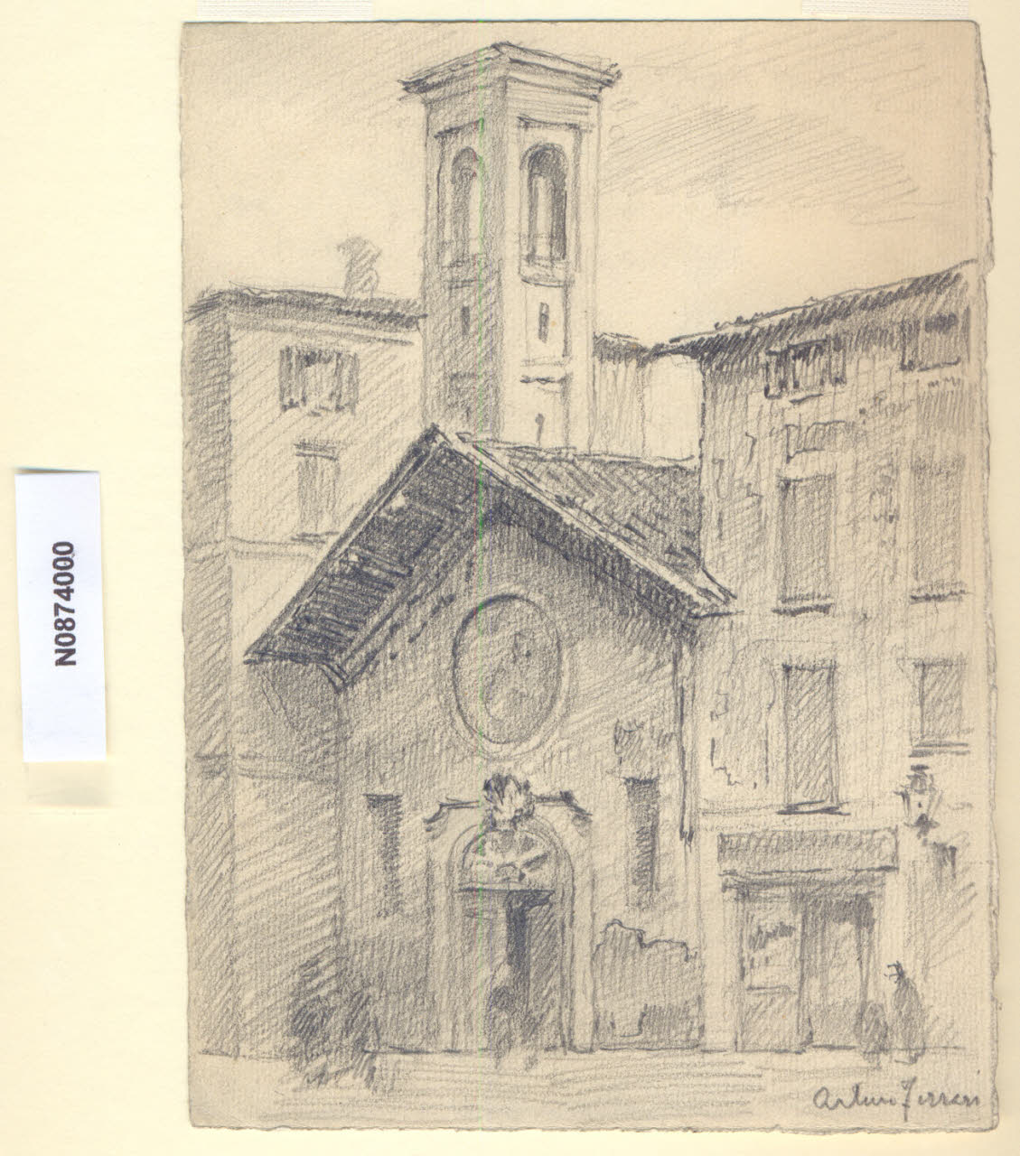 S. Pietro dei Pellegrini, Veduta della chiesa di S. Pietro dei Pellegrini a Milano (disegno) di Ferrari, Arturo (sec. XX)