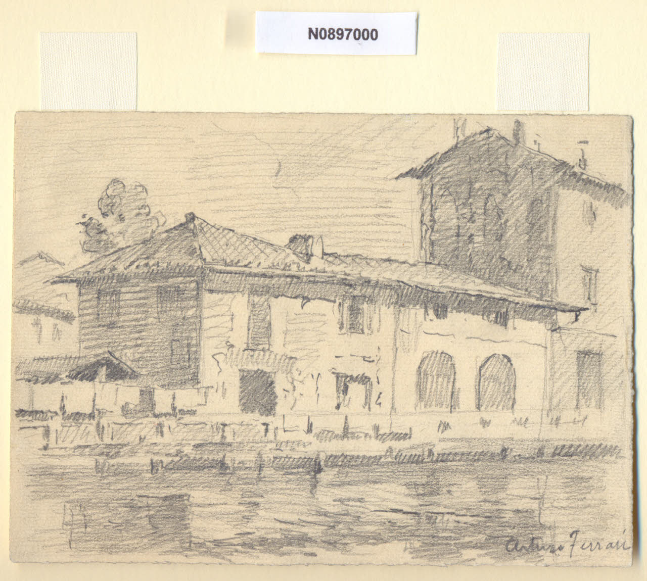 Sulla Ripa, Veduta dell'Alzaia del Naviglio Grande a Milano (disegno) di Ferrari, Arturo (sec. XX)