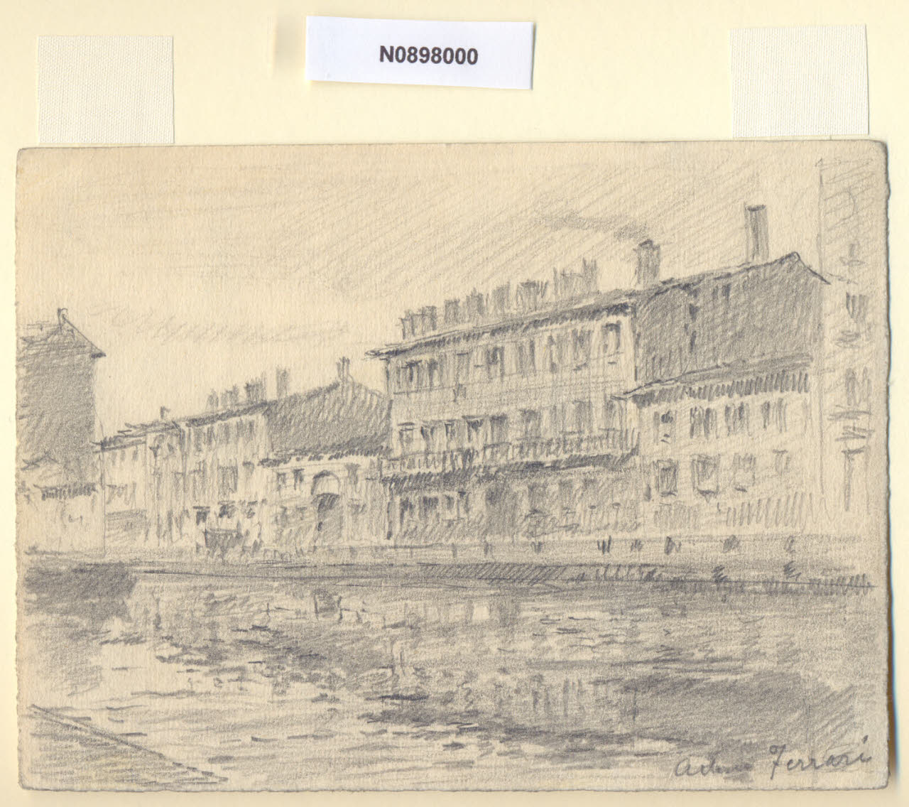 Sulla Ripa, Veduta dell'Alzaia del Naviglio Grande a Milano (disegno) di Ferrari, Arturo (sec. XX)