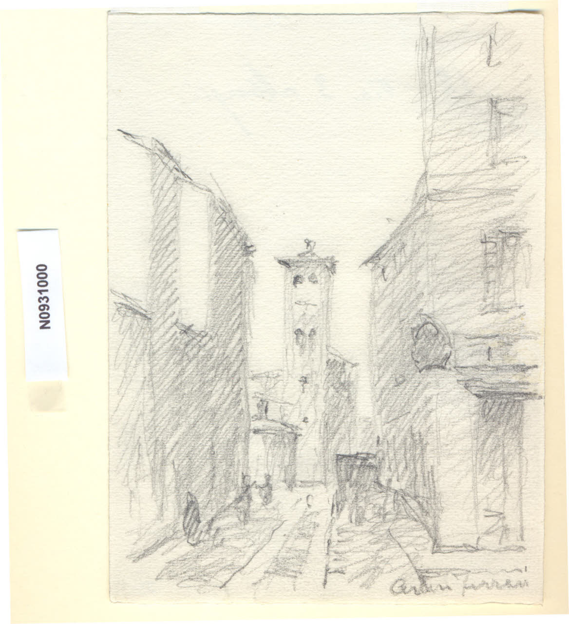 Via 3 alberghi, Veduta di via Tre alberghi a Milano (attuale piazza Diaz) (disegno) di Ferrari, Arturo (sec. XX)