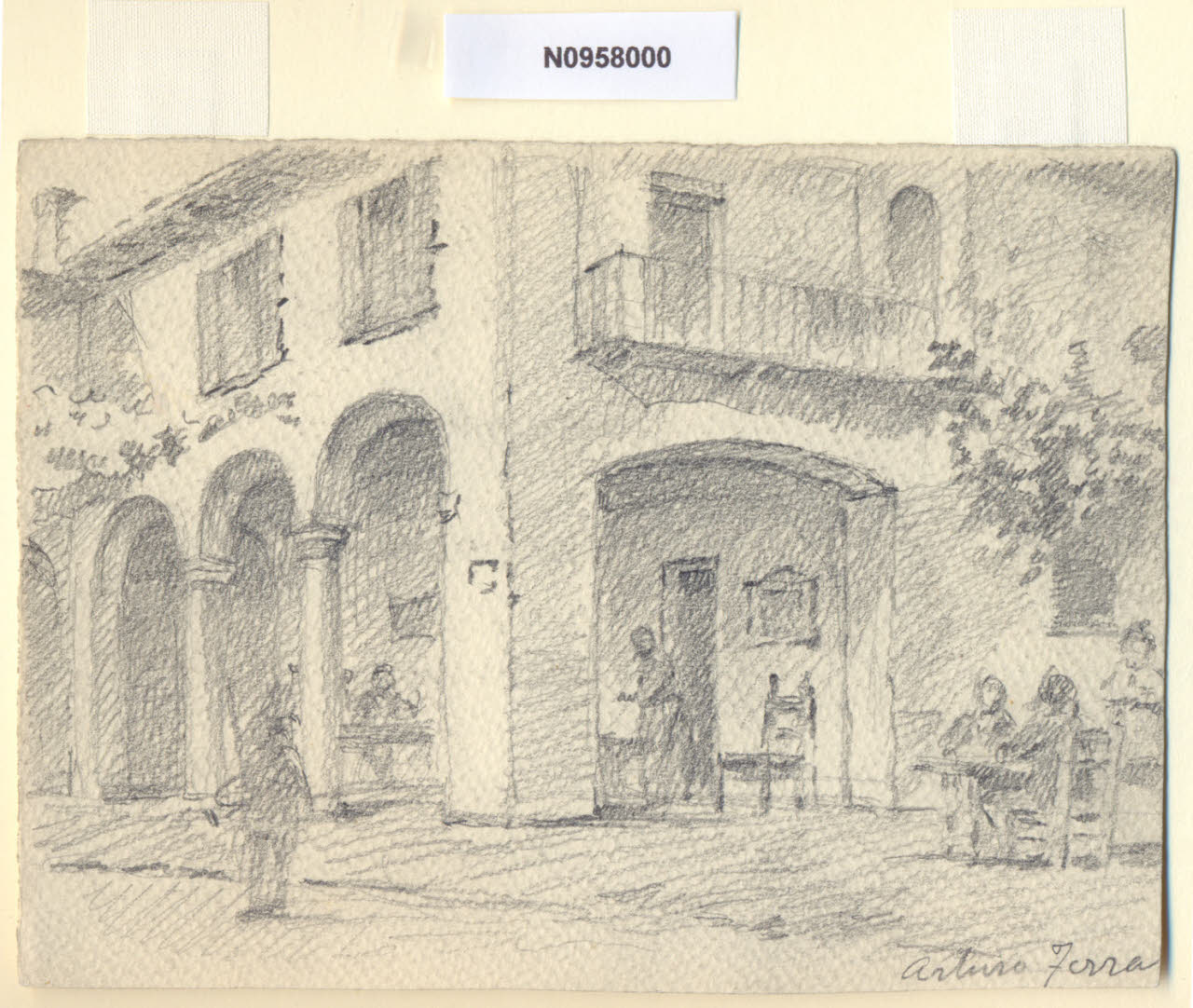 Veduta dell'osteria "I Beritt" a Milano (già via Pace), Veduta dell'osteria "I Beritt" a Milano (già via Pace) (disegno) di Ferrari, Arturo (sec. XX)