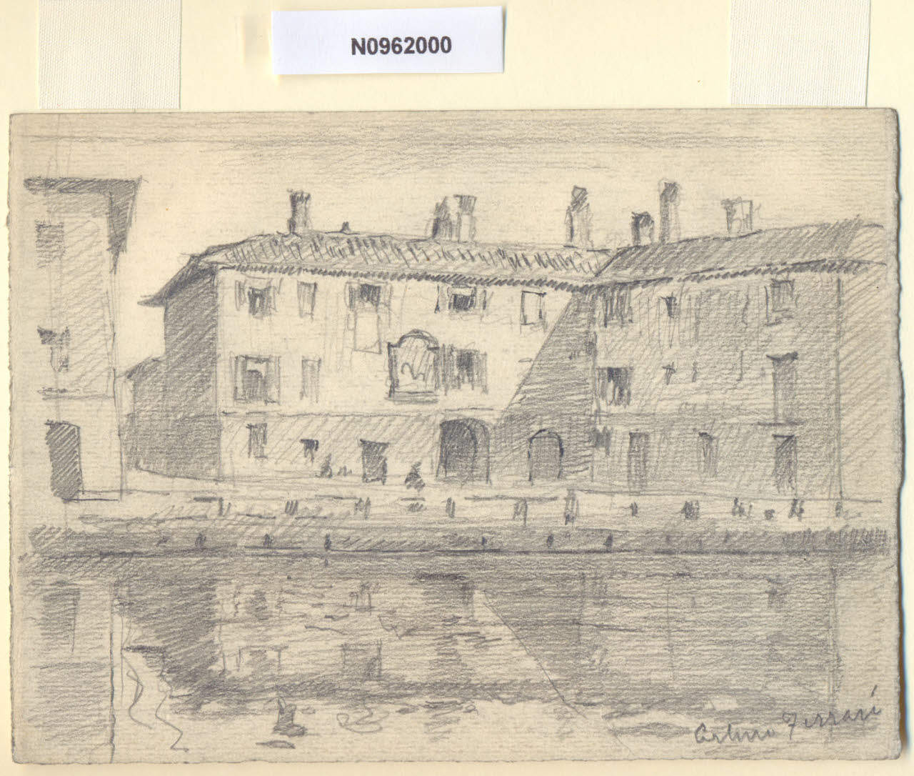 Sulla Ripa, Veduta dell'Alzaia del Naviglio Grande a Milano (disegno) di Ferrari, Arturo (sec. XX)