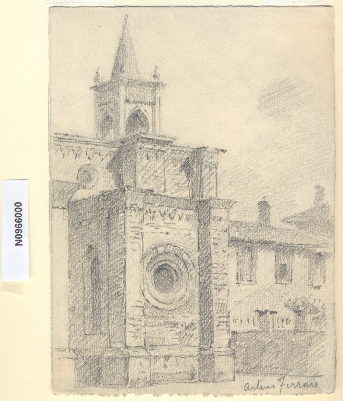 L'Incoronata, Veduta della chiesa dell'Incoronata a Milano (disegno) di Ferrari, Arturo (sec. XX)