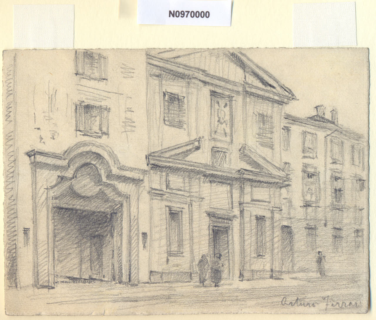 Via Lanzone, Veduta di via Lanzone all'altezza della chiesa di S. Agostino a Milano (disegno) di Ferrari, Arturo (sec. XX)