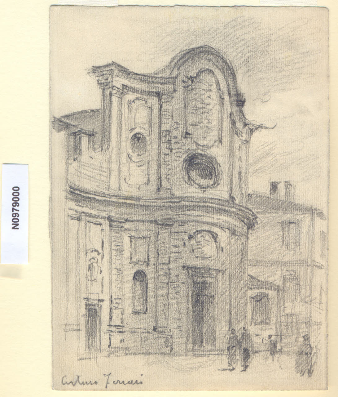 I Crociferi, Veduta della chiesa di S. Maria delli Crociferi a Milano (disegno) di Ferrari, Arturo (sec. XX)