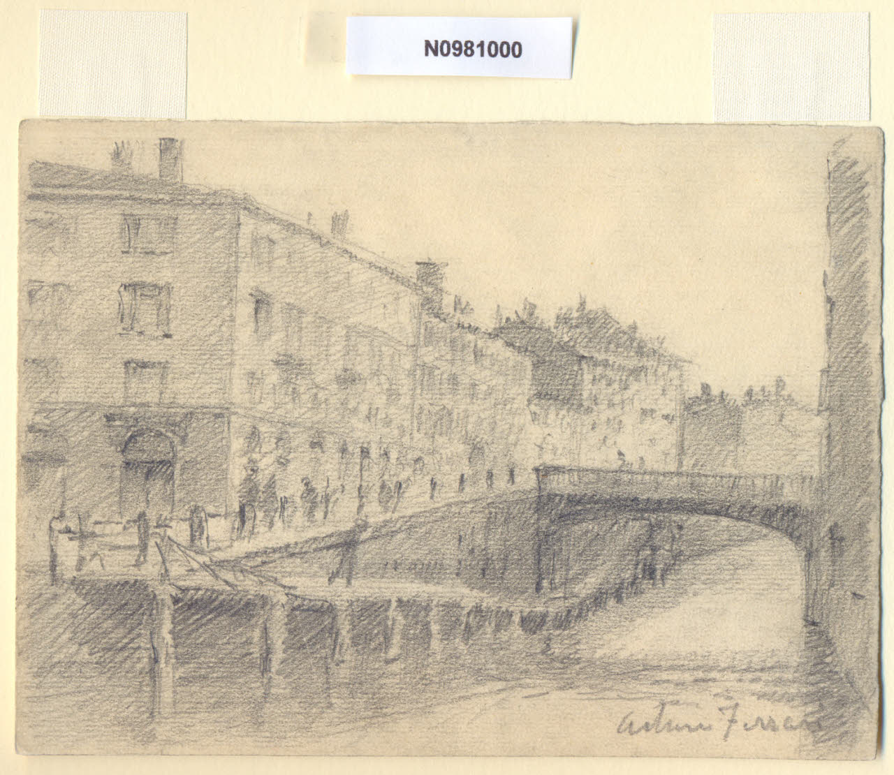Ponte S. Celso, Veduta del Ponte S. Celso a Milano (attuale corso Italia) (disegno) di Ferrari, Arturo (sec. XX)