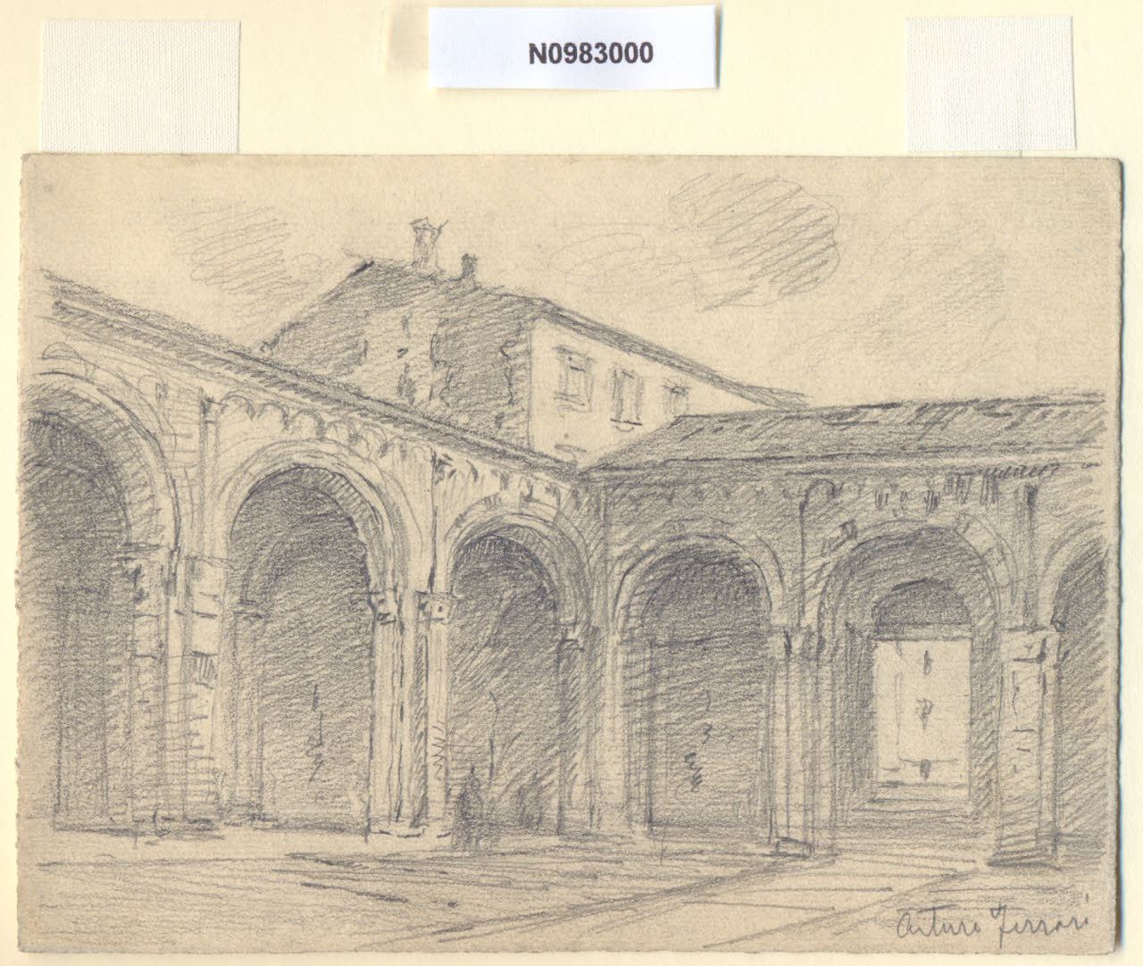 S. Ambrogio, Veduta dell'atrio della basilica di S. Ambrogio a Milano (disegno) di Ferrari, Arturo (sec. XX)