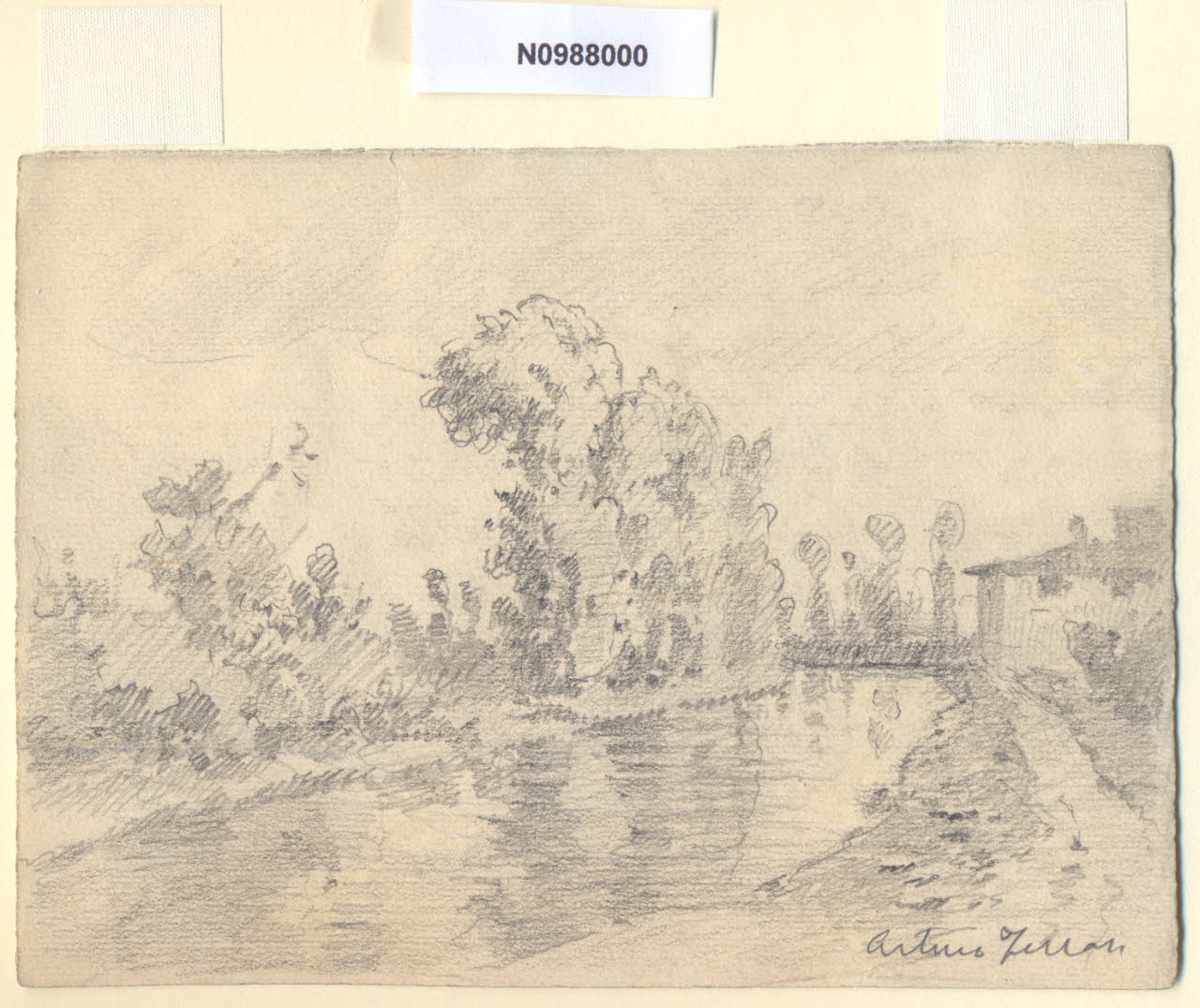 Passeggiata a P. Ticinese, Veduta di un naviglio fuori Porta Ticinese a Milano (disegno) di Ferrari, Arturo (sec. XX)