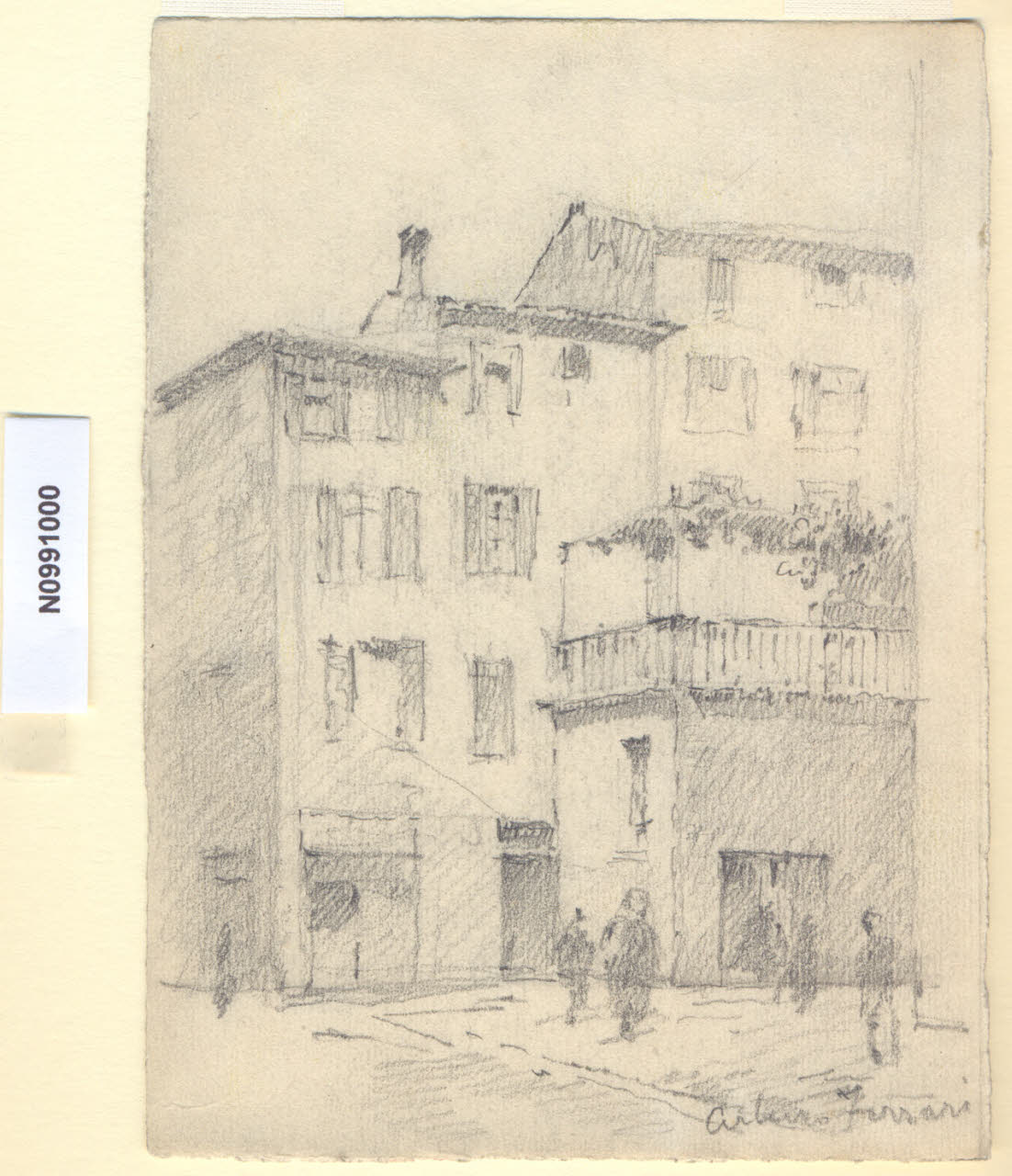 Al bottonuto, Veduta del vicolo del Bottonuto a Milano (attuale via Albricci) (disegno) di Ferrari, Arturo (sec. XX)