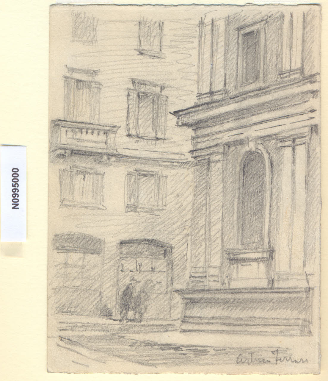 All'ospedale, Veduta parziale dell'Ospedale Maggiore a Milano (disegno) di Ferrari, Arturo (sec. XX)