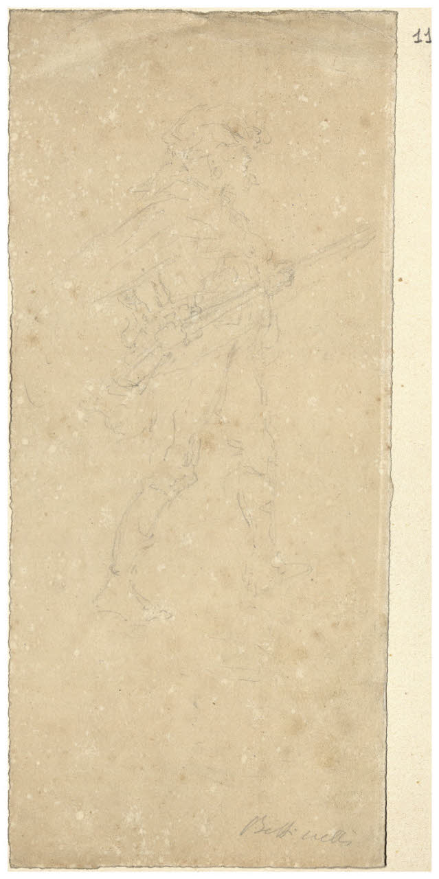 Soldato con fucile (sul verso: scritta) (disegno) di Bettinelli, Luigi (seconda metà sec. XIX)