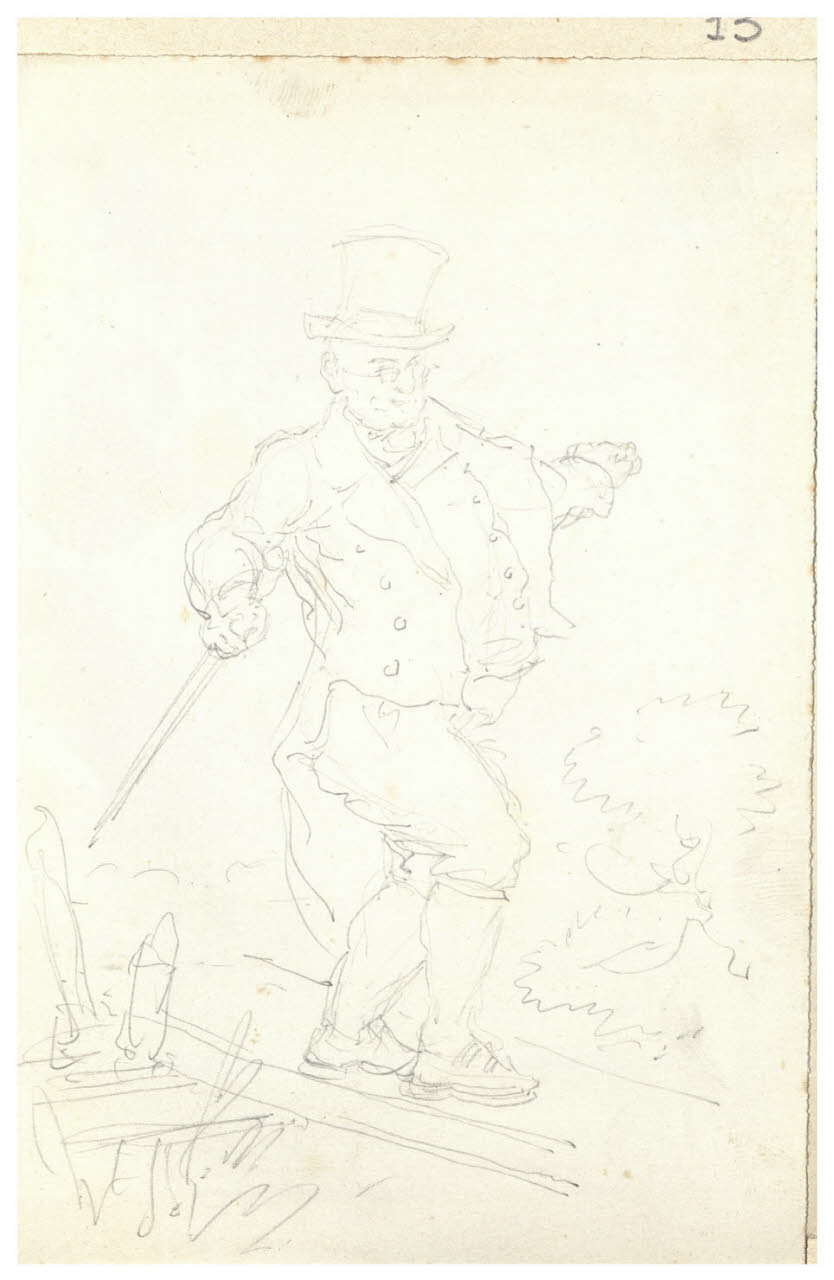 Figura di uomo con cappello in equilibrio su di un asse (disegno) di Bettinelli, Luigi (seconda metà sec. XIX)