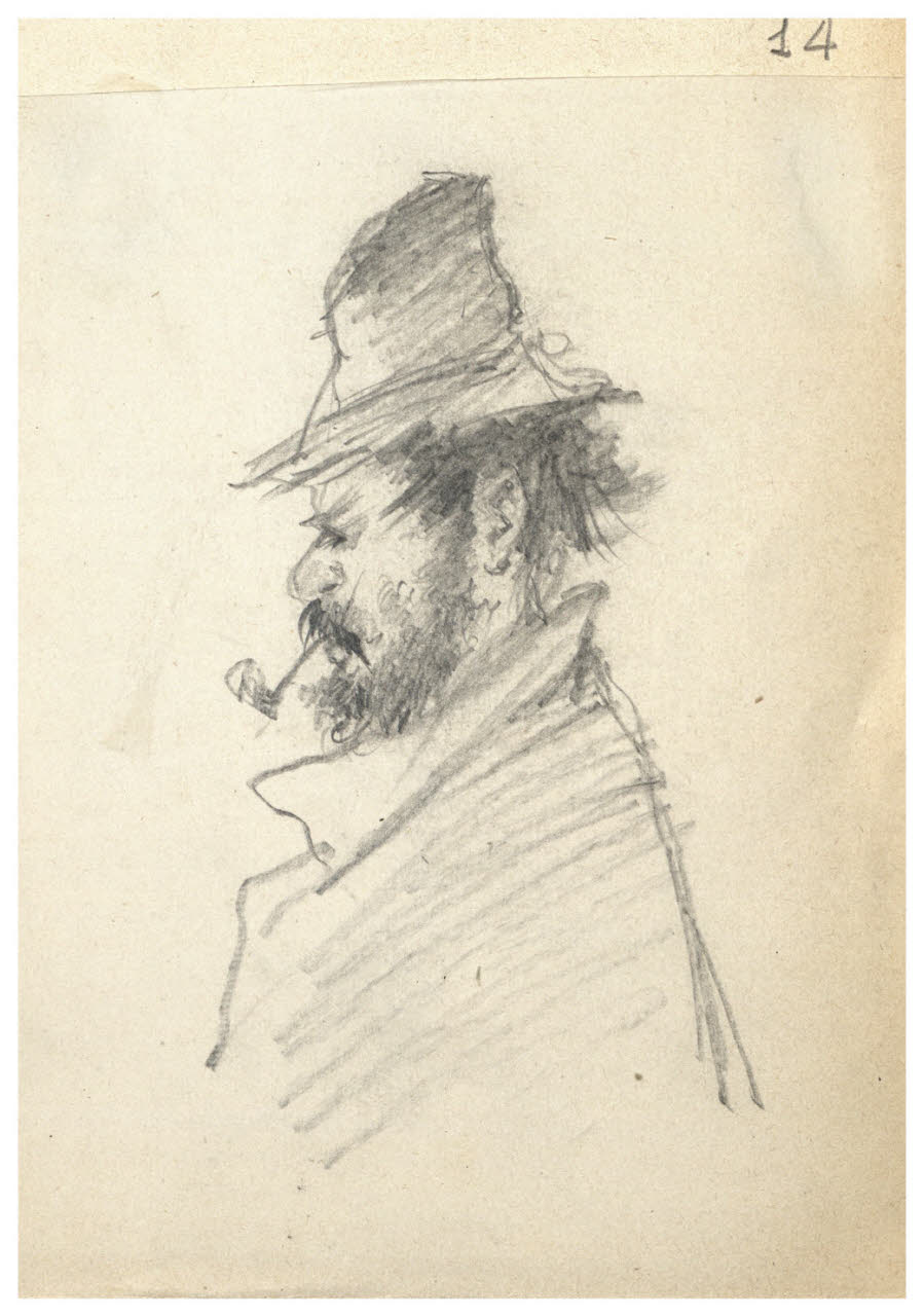 Profilo di uomo barbuto con pipa e cappello (disegno) di Bettinelli, Luigi (seconda metà sec. XIX)