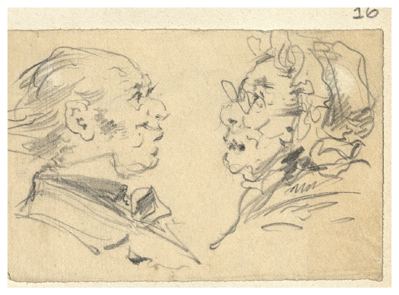 Caricature di signore e vecchietta, visti di profilo (disegno) di Bettinelli, Luigi (seconda metà sec. XIX)