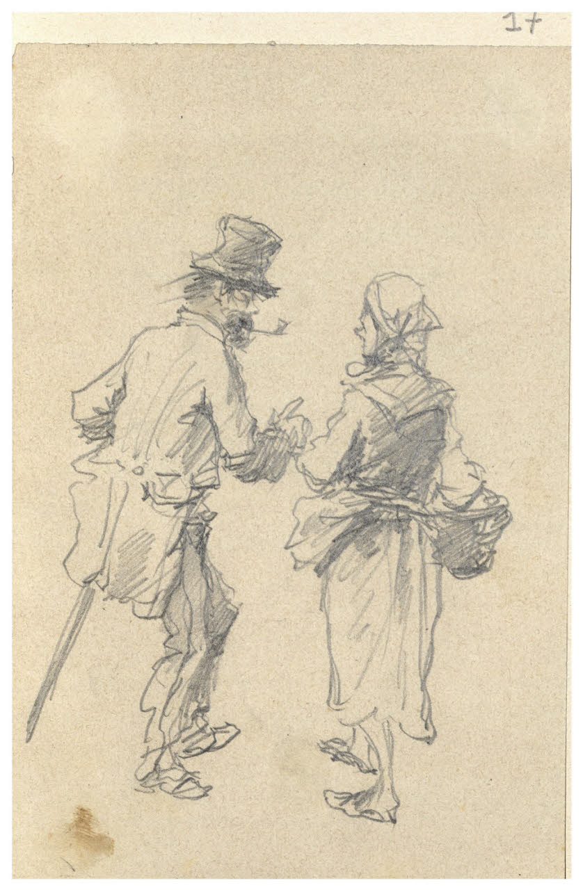 Figuretta di ragazza con sporta e uomo barbuto con pipa (disegno) di Bettinelli, Luigi (seconda metà sec. XIX)