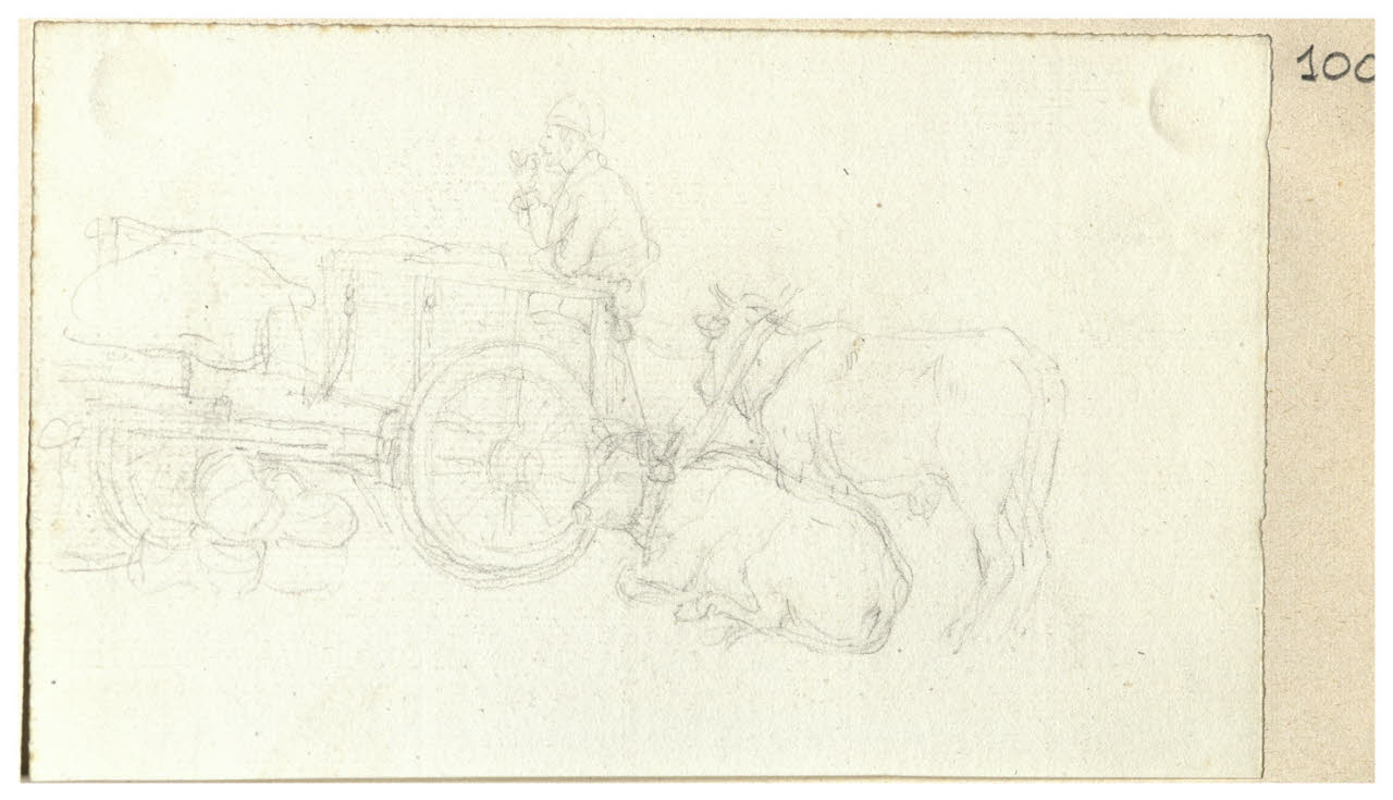 Carro, contadino e bovini in riposo (disegno) di Bettinelli, Luigi (seconda metà sec. XIX)