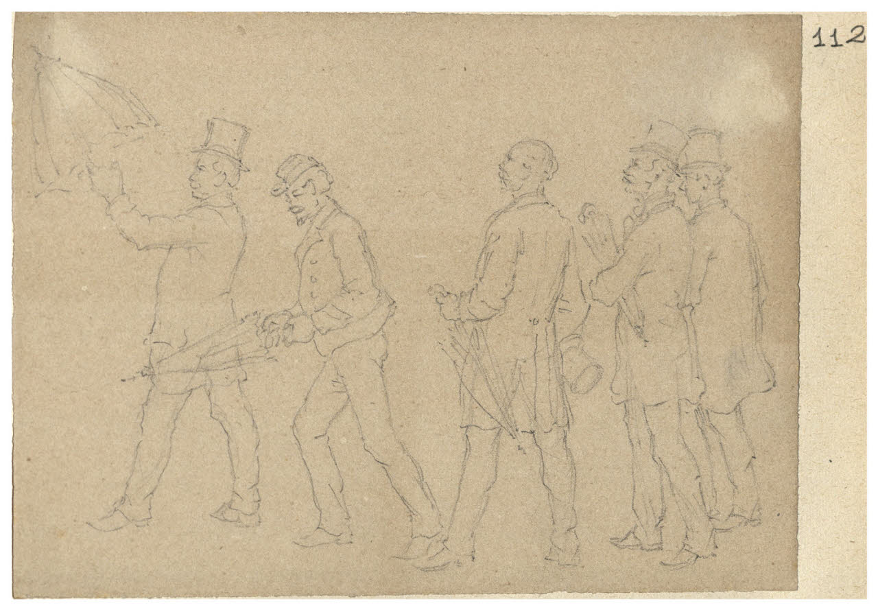 Figurette con ombrelli e cappelli (disegno) di Bettinelli, Luigi (seconda metà sec. XIX)