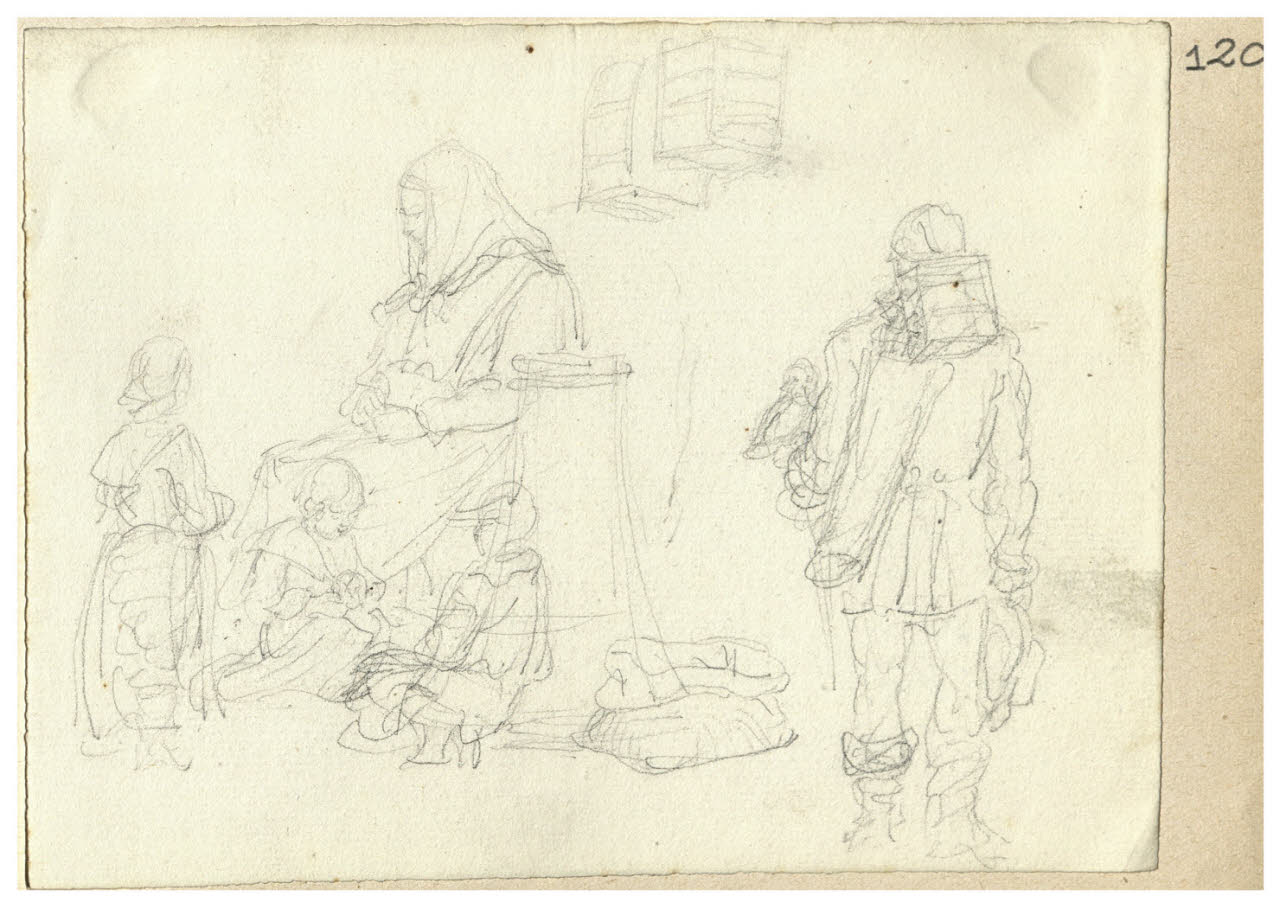 Donna, bambini e uomo di spalle (disegno) di Bettinelli, Luigi (seconda metà sec. XIX)