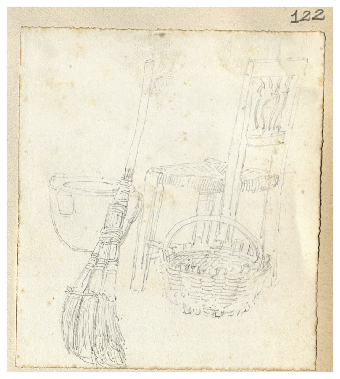 Oggetti in un interno: scopa, cesta, sedia, vaso (disegno) di Bettinelli, Luigi (seconda metà sec. XIX)