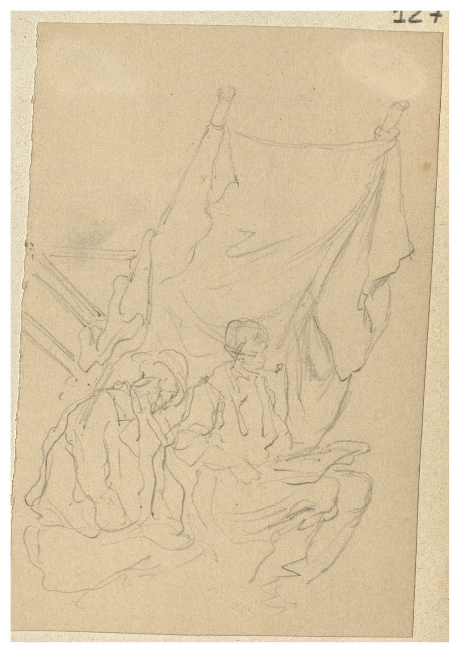 Uomini in riposo riparati da un tendone (disegno) di Bettinelli, Luigi (seconda metà sec. XIX)