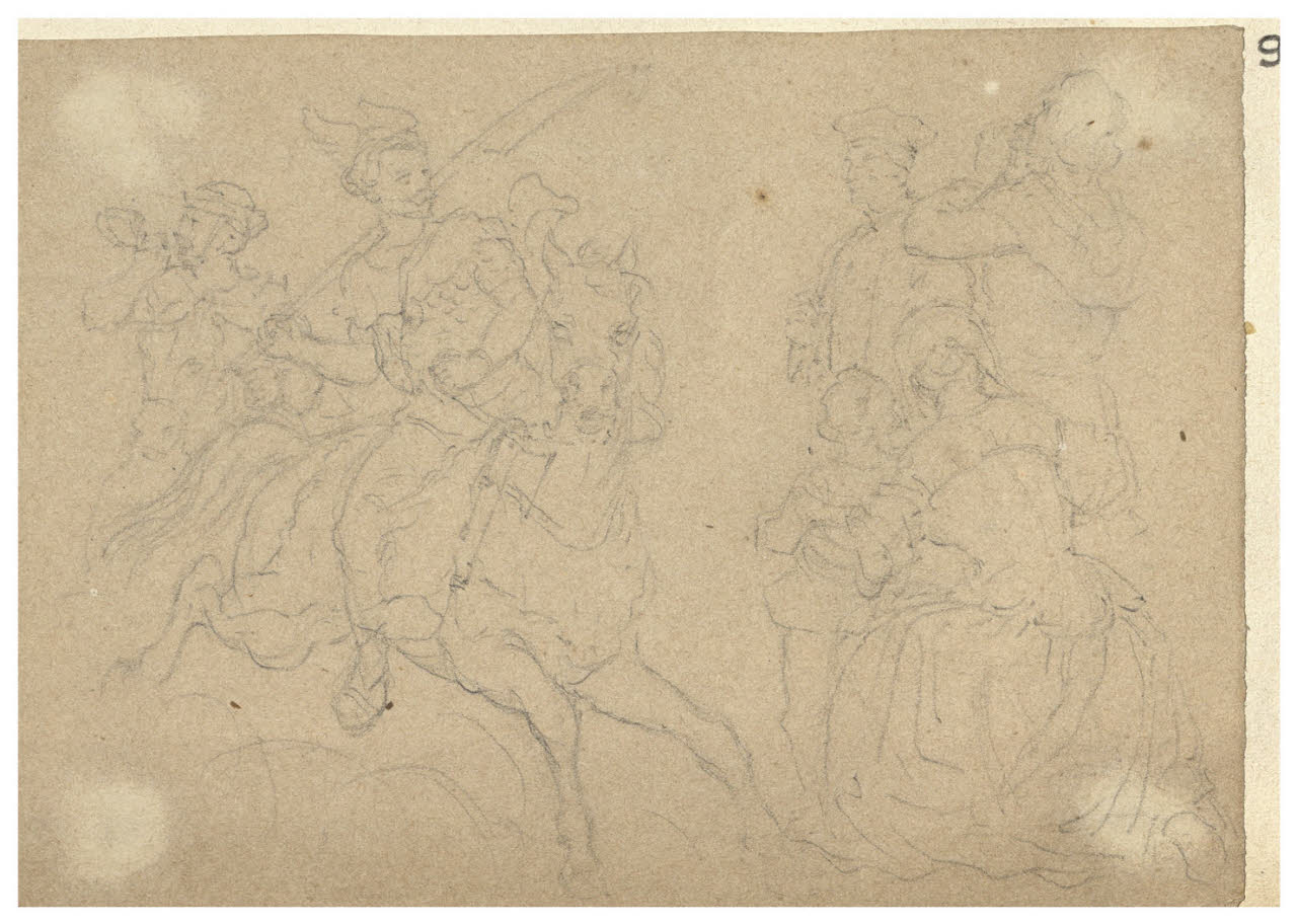 Cavalieri e altre figure (disegno) di Bettinelli, Luigi (seconda metà sec. XIX)