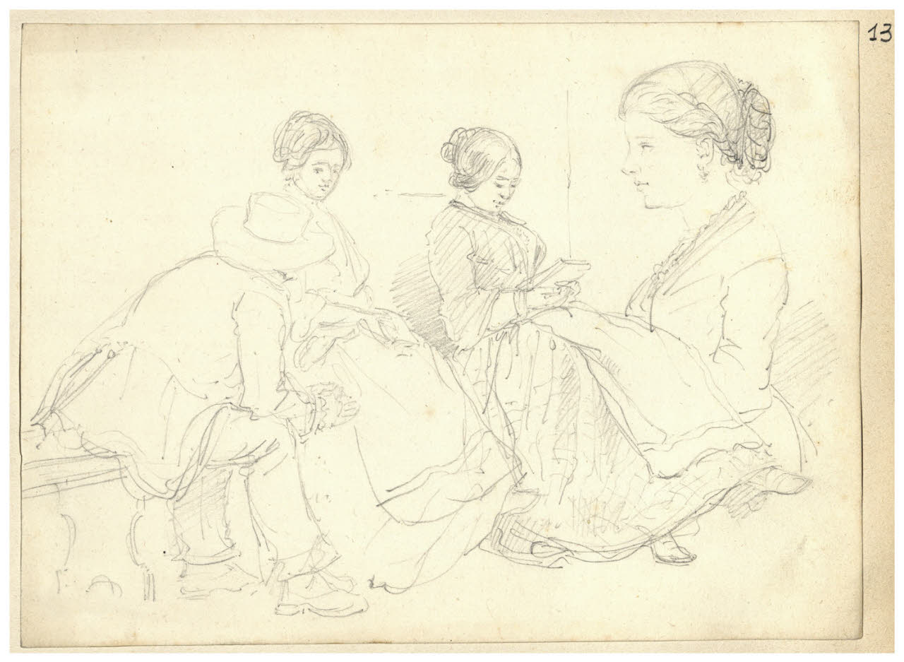 Profilo di donna e altre figure in lettura e conversazione (disegno) di Bettinelli, Luigi (seconda metà sec. XIX)