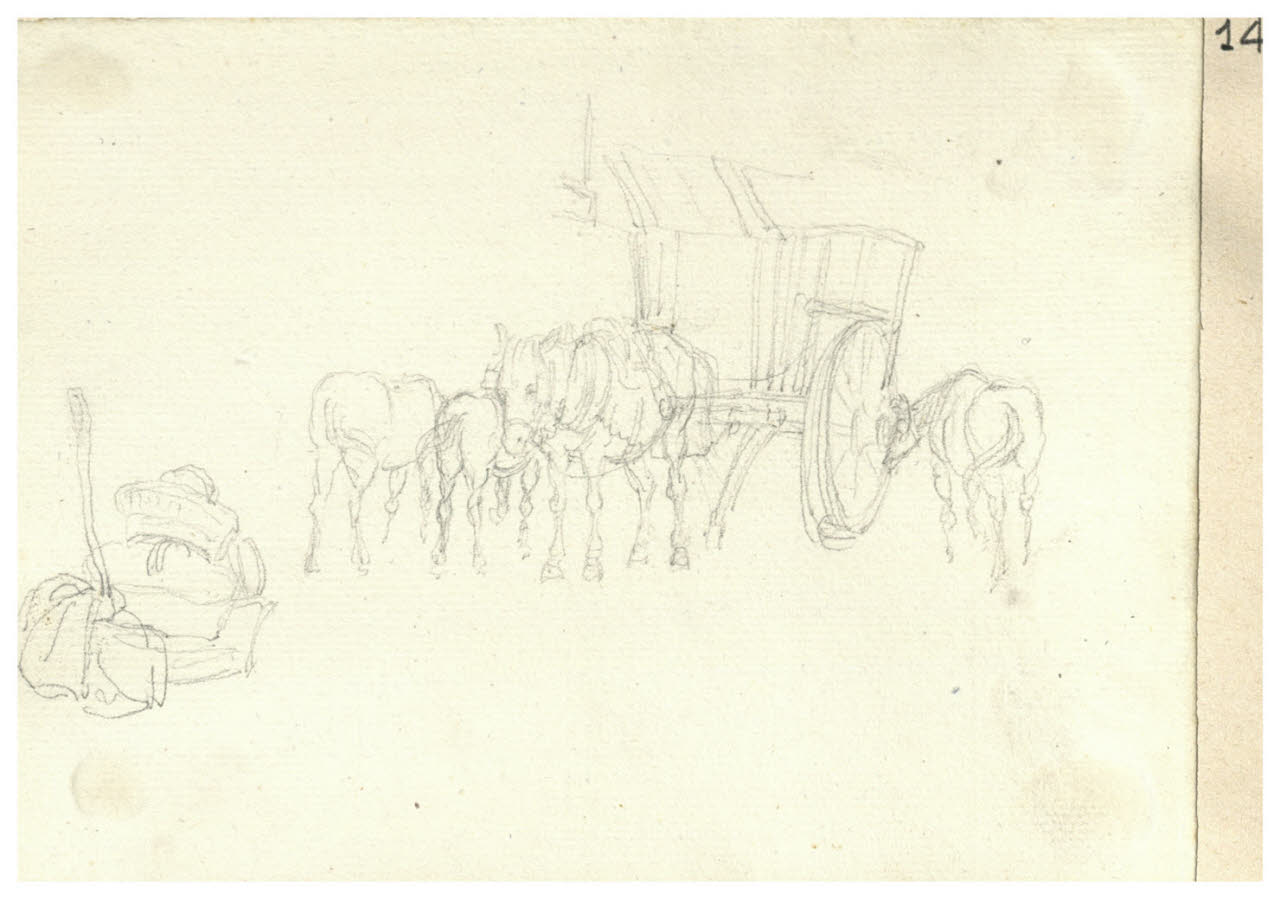 Carretto, cavalli e utensili da lavoro (disegno) di Bettinelli, Luigi (seconda metà sec. XIX)