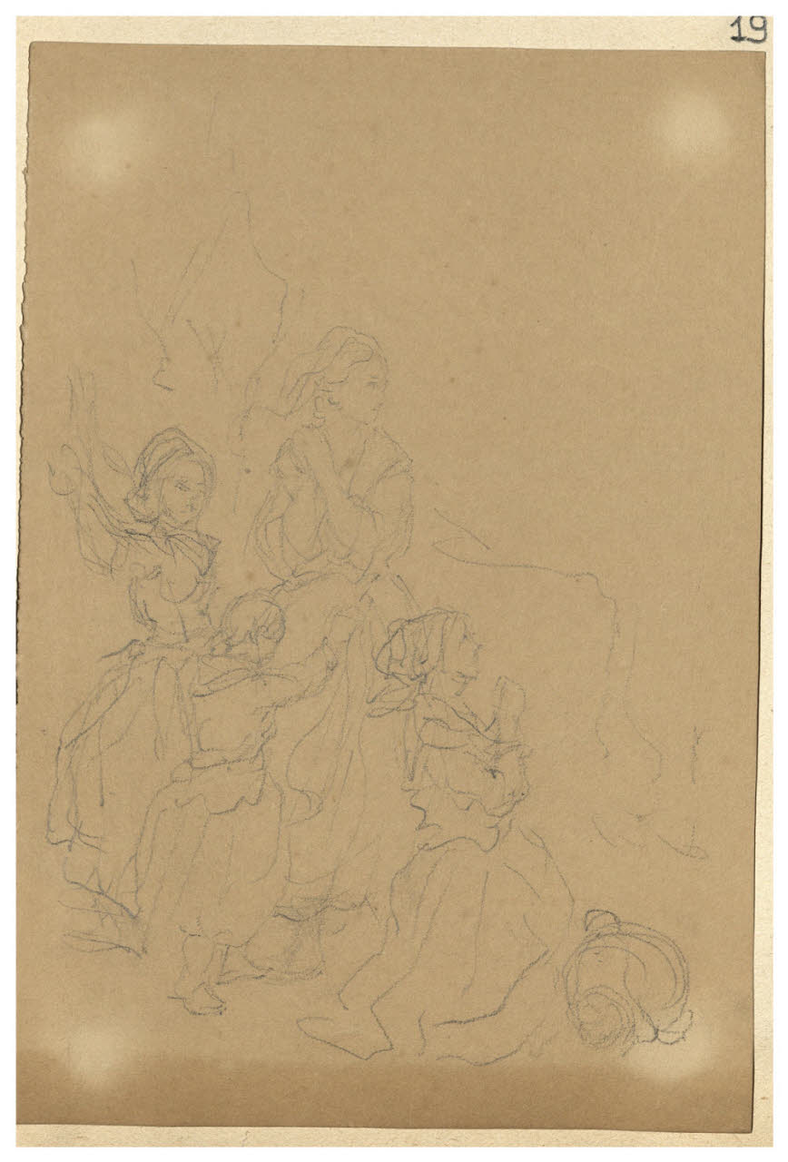 Figura femminile in preghiera e altre figure (disegno) di Bettinelli, Luigi (seconda metà sec. XIX)