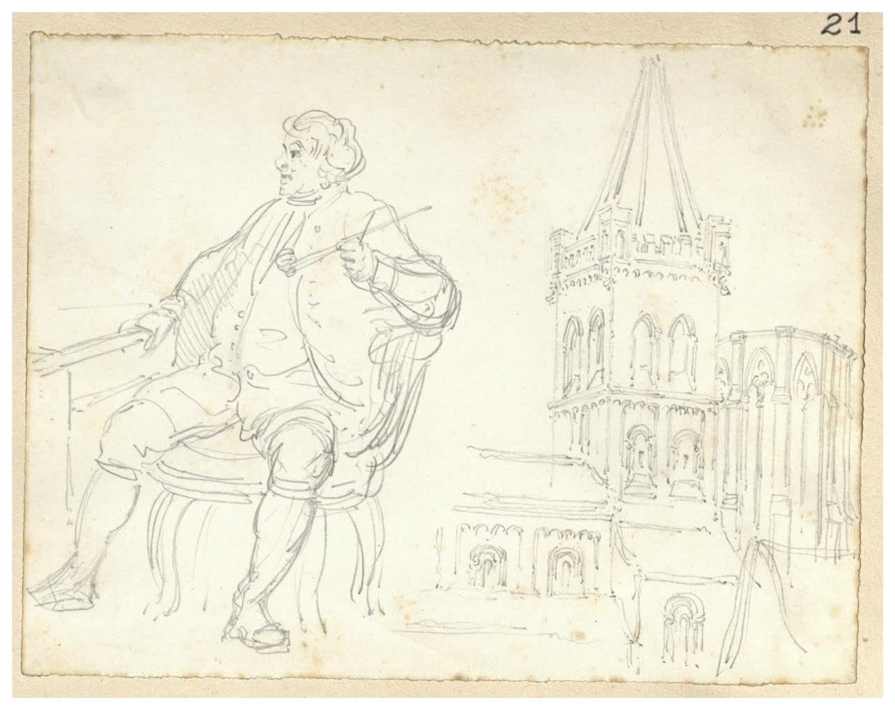 Uomo seduto in poltrona con pipa e stralcio di una chiesa (disegno) di Bettinelli, Luigi (seconda metà sec. XIX)