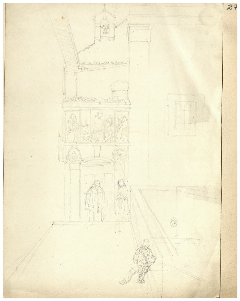Ingresso di una chiesa con figure (disegno) di Bettinelli, Luigi (seconda metà sec. XIX)
